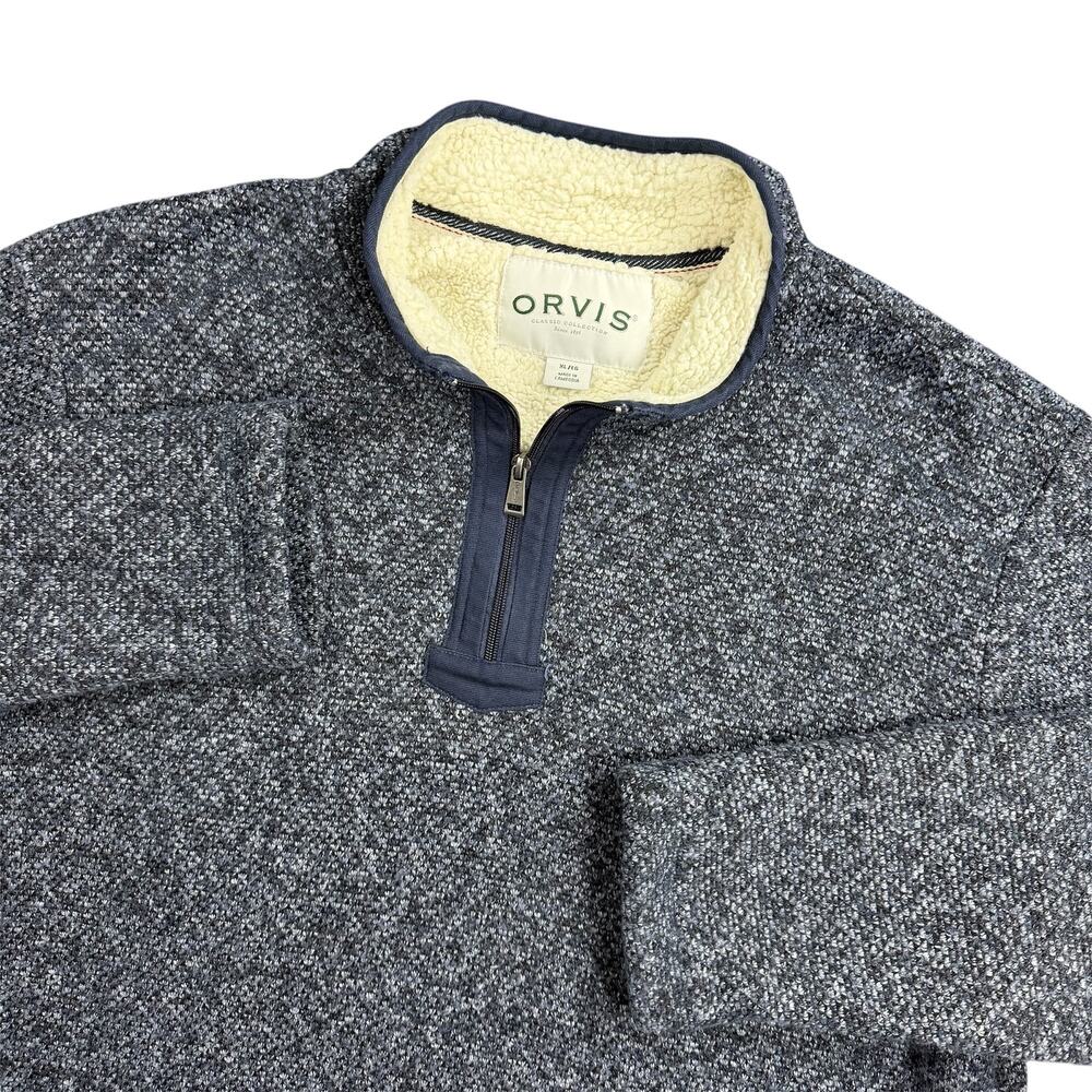 Orvis Men’s XL Heather Blue Sherpa Lined Quarter Zip Fleece Pullover Sweater